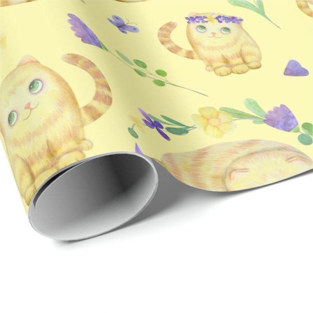 Cute Watercolor Cats and Flowers Pattern Yellow  Wrapping Paper (Roll Corner)