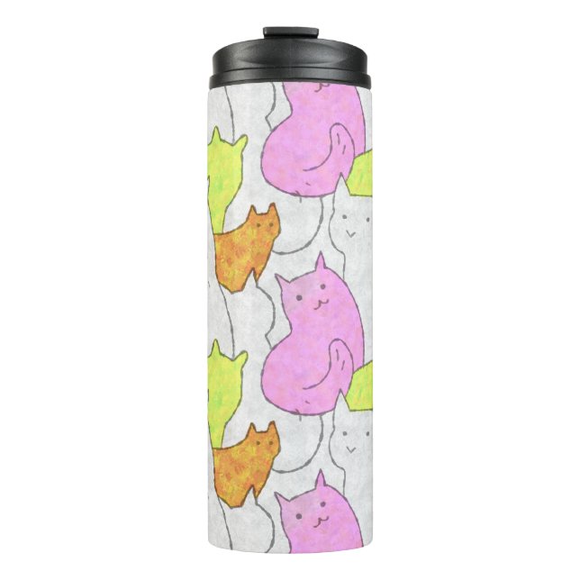 Cute Watercolor Cats Doodle Pattern Thermal Tumbler (Front)
