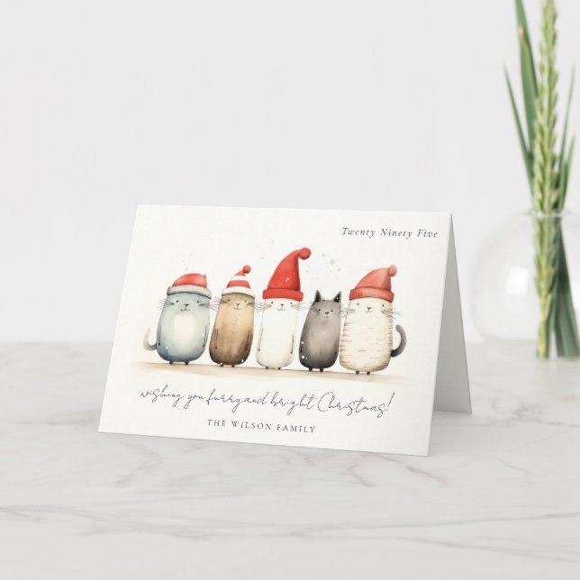Cute Watercolor Cats Furry and Bright Christmas Holiday Card (Front)