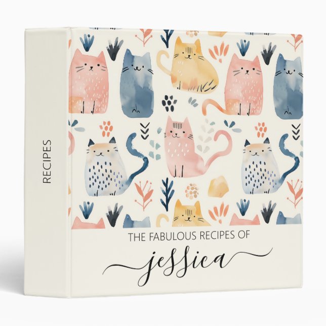 Cute watercolor cats script name recipe binder (Front/Spine)