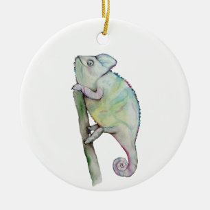 Cute watercolor chameleon ceramic ornament