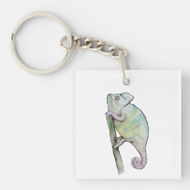 Cute watercolor chameleon keychain (Front)