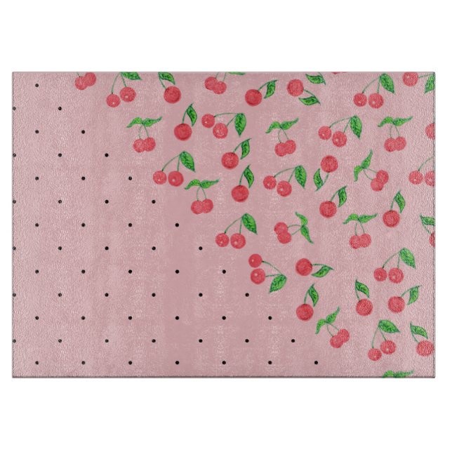 cute watercolor cherry black polka dots pattern cutting board (Front)