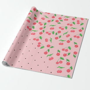 cute watercolor cherry black polka dots pattern wrapping paper