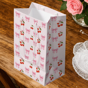 Cute Watercolor Cherry Bow Coquette Pattern Medium Gift Bag