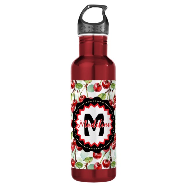 Cute Watercolor Cherry Pattern Personalized 710 Ml Water Bottle (Front)