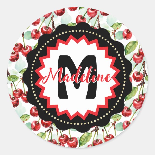 Cute Watercolor Cherry Pattern Personalized Classic Round Sticker (Front)