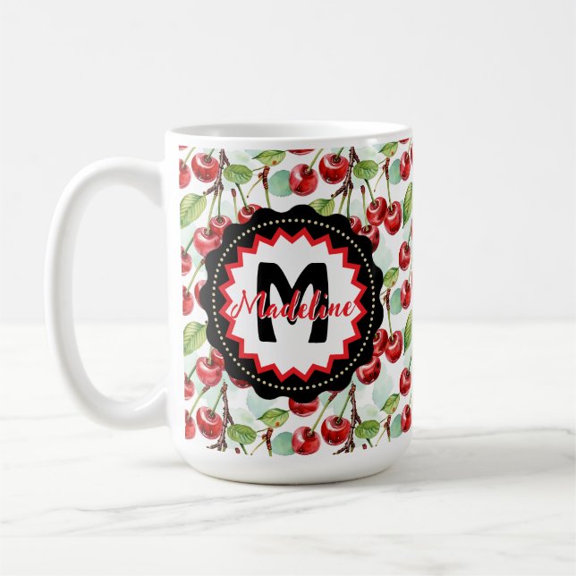 Cute Watercolor Cherry Pattern Personalized Coffee Mug (Left)