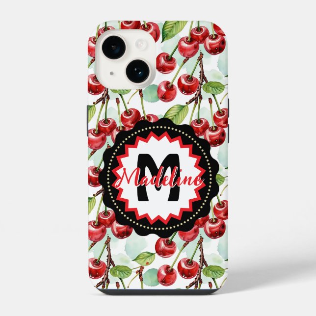 Cute Watercolor Cherry Pattern Personalized iPhone Case (Back)