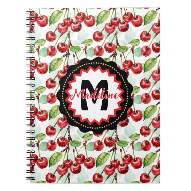 Cute Watercolor Cherry Pattern Personalized Notebook (Front)