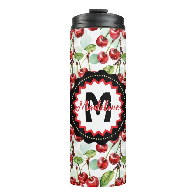 Cute Watercolor Cherry Pattern Personalized Thermal Tumbler (Front)