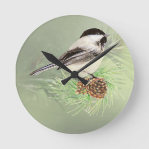 Cute Watercolor Chickadee Bird in Pine Tree Round Clock