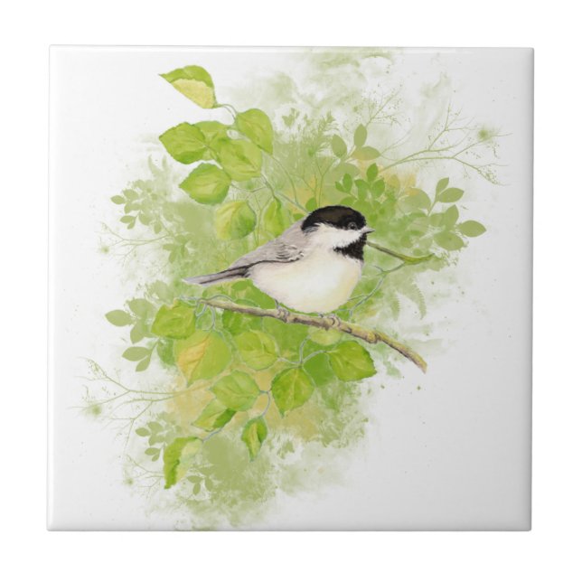 Cute Watercolor Chickadee Bird in Poplar Tree Tile (Front)