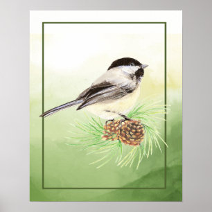 Cute Watercolor Chickadee Bird Pine Tree Poster