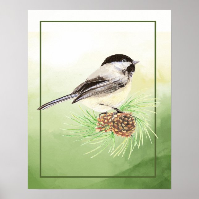Cute Watercolor Chickadee Bird Pine Tree Poster (Front)