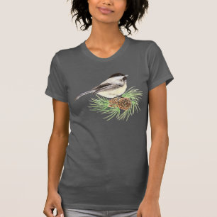 Cute Watercolor Chickadee Bird Pine Tree T-Shirt