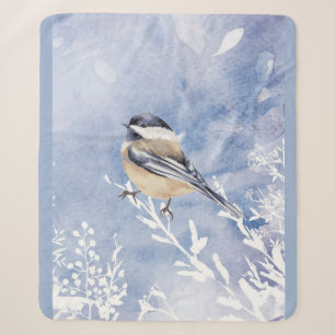 Cute Watercolor Chickadee Bird Winter Frost Blue Sherpa Blanket