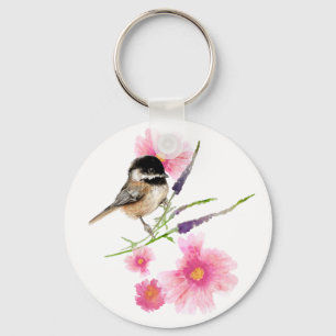 Cute Watercolor Chickadee Flower Art Keychain