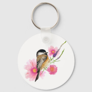 Cute Watercolor Chickadee Flowers Art Keychain