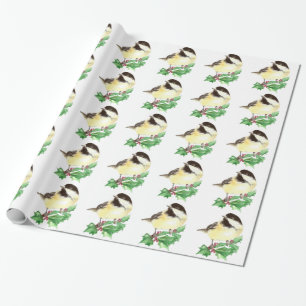 Cute Watercolor Chickadee Holly Berry Christmas Wrapping Paper
