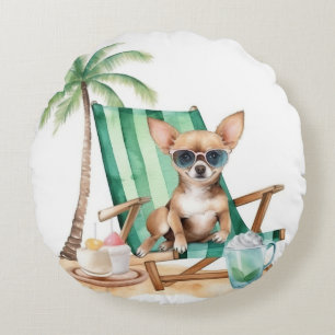 CUTE WATERCOLOR CHIHUAHUA DOG ON THE BEACH ROUND PILLOW