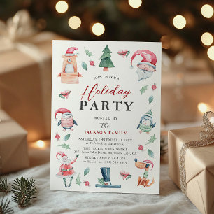 Cute Watercolor Christmas Characters Holiday Party Invitation