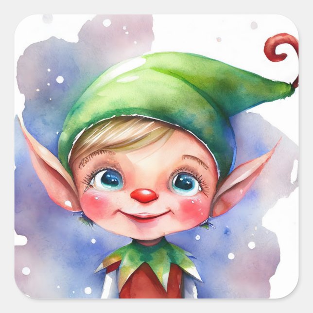 Cute Watercolor Christmas Elf with Long Ears Square Sticker (Front)