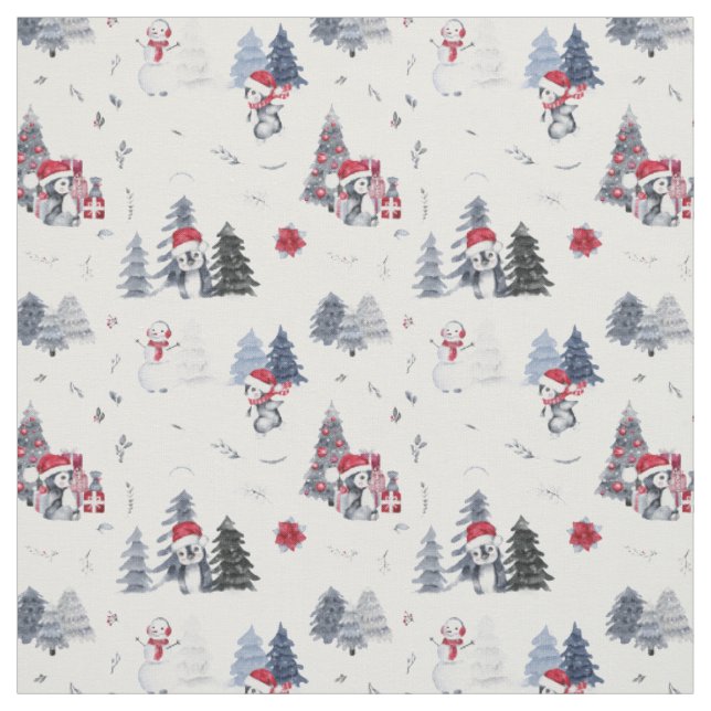 Cute Watercolor Christmas Holiday Penguin Pattern  Fabric (Swatch)