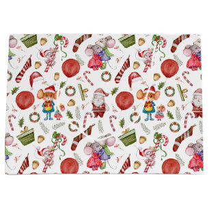 Cute Watercolor Christmas Mice & Santa Kids Large Gift Bag