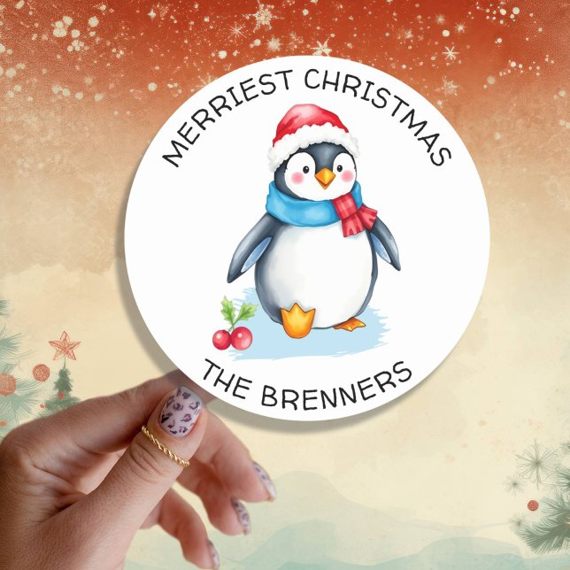 Cute Watercolor Christmas Penguin Personalized Classic Round Sticker (Creator Uploaded)