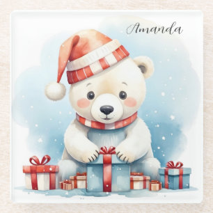 Cute Watercolor Christmas Polar Bear Glass Coaster