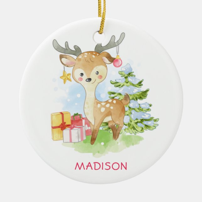 Cute Watercolor Christmas Reindeer Personalized Ceramic Ornament (Front)