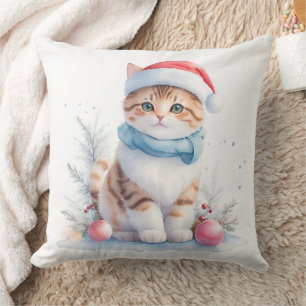 Cute Watercolor Christmas Santa Cat  Throw Pillow