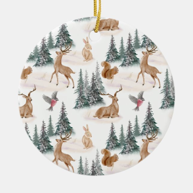 Cute Watercolor Christmas Snow Woodland Animals Ceramic Ornament (Front)