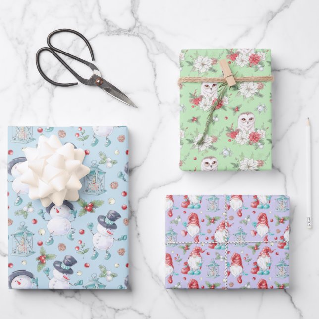 Cute Watercolor Christmas Snowman Gnome Owl Wrapping Paper Sheet (Front)