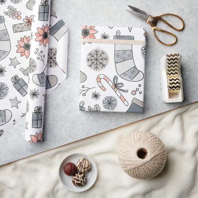 Cute Watercolor Christmas Stocking Doodles Wrapping Paper (Crafts)