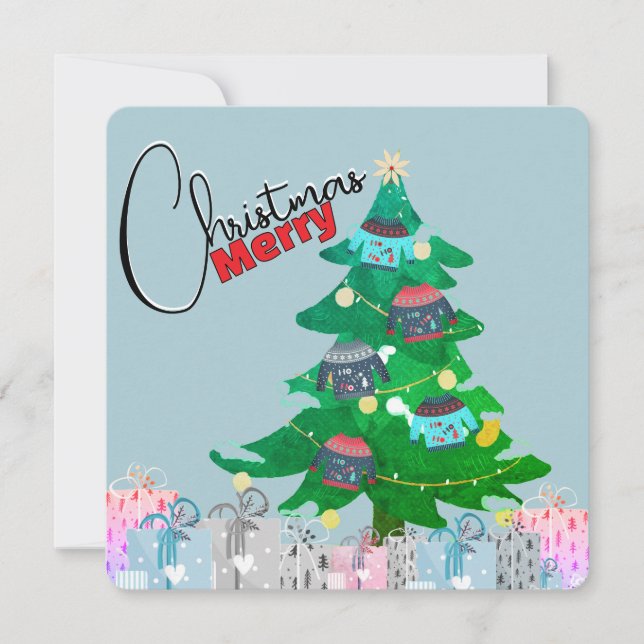 Cute Watercolor Christmas Tree Merry Christmas  Holiday Card (Front)