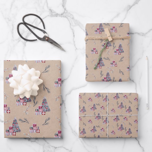 Cute Watercolor Christmas Tree On Kraft Wrapping Paper Sheet (Front)