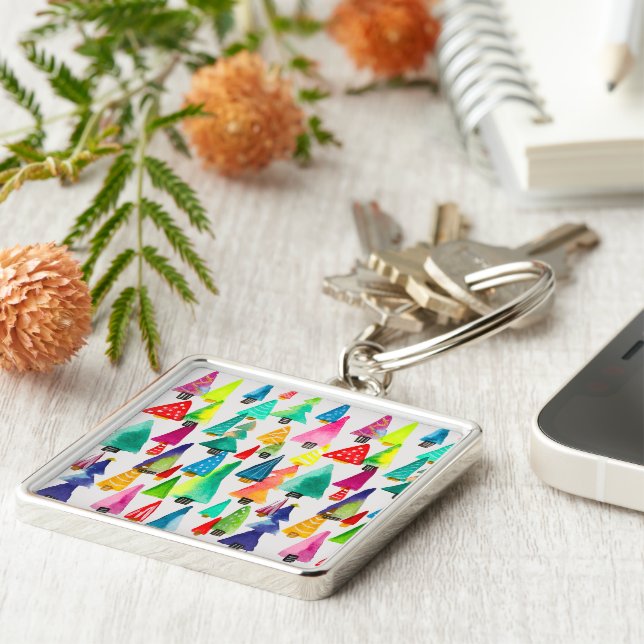Cute watercolor Christmas trees Keychain (Side)