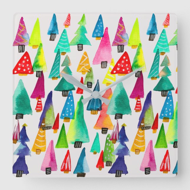 Cute watercolor Christmas trees Square Wall Clock (Front)