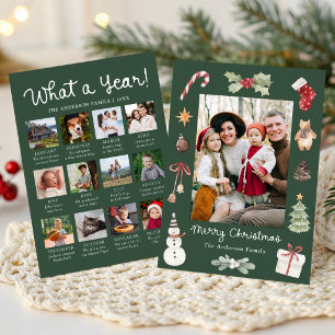 Cute Watercolor Christmas Year in Review Photo Holiday Card