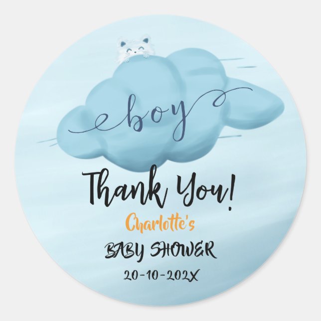 Cute Watercolor Cloud Baby Boy Shower Classic Round Sticker (Front)