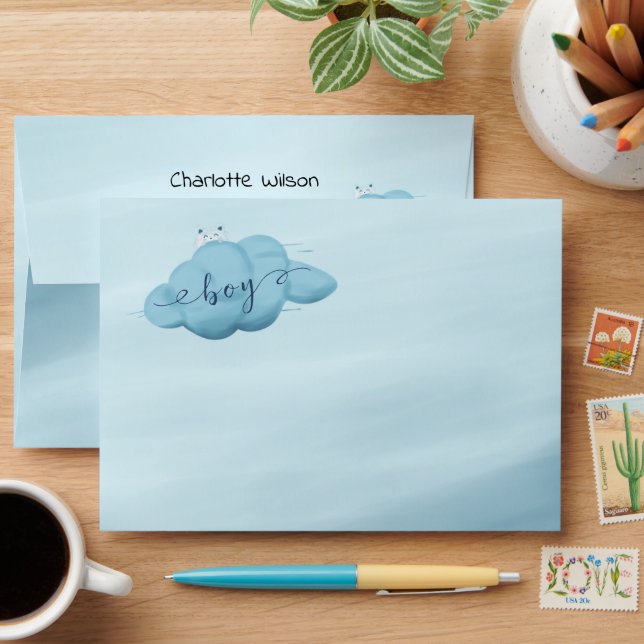 Cute Watercolor Cloud Baby Boy Shower Envelope (Desk)