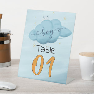 Cute Watercolor Cloud Baby Boy Shower Table Number Pedestal Sign