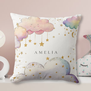 Cute Watercolor Cloud Star Baby Girl Shower Throw Pillow