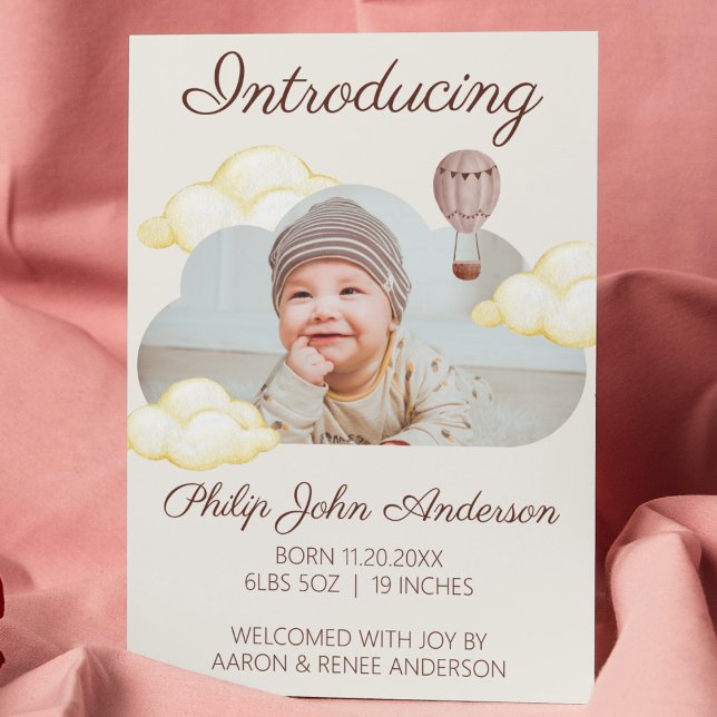 Cute Watercolor Clouds Photo Baby Birth Announcement (cute watercolor clouds baby birth announcement birth reveal newborn baby photo card. personalizable )
