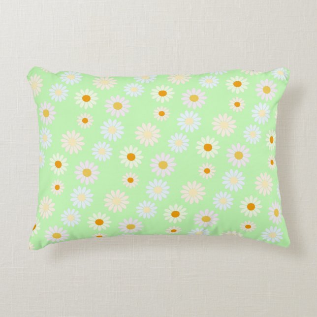 Cute watercolor colourful Daisy Pattern Green Accent Pillow (Front)