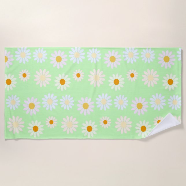 Cute watercolor colourful Daisy Pattern Green Beach Towel (Front)