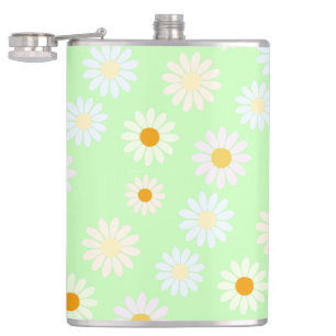 Cute watercolor colourful Daisy Pattern Green Hip Flask