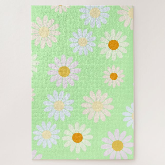 Cute watercolor colourful Daisy Pattern Green Jigsaw Puzzle (Vertical)